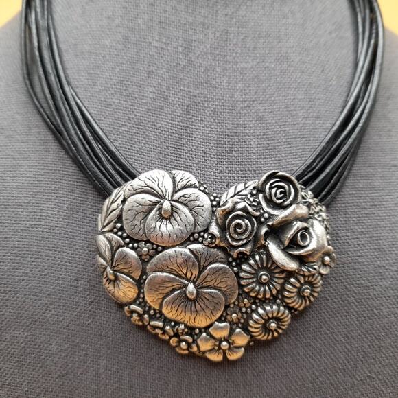 Chico's Floral Heart Silver Tone Pendant Necklace, 9 Strands Black Leather, 20" - Picture 2 of 12